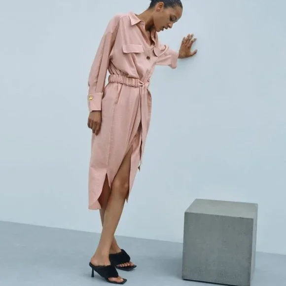 open lace back dress The Linen Oversized Puff-Sleeve Dress main image 1